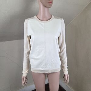 Theory Yulia L Cashwool Leather Front Sweater Size M Cream Lambskin Wool